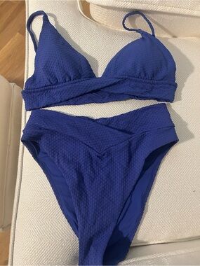 Aerie Blue Textured High Leg Bikini Set